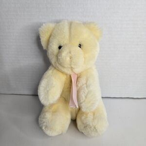 Baby Gund Vintage Yellow Bear Rattle Plush Stuffed Animal Lovey Pink Ribbon 1989